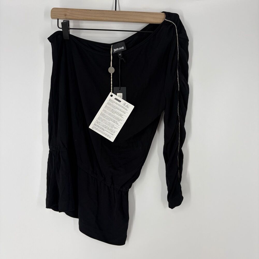 Just Cavalli One Shoulder Top Size 42 Womens 6 Black Long Sleeve Rhinestone